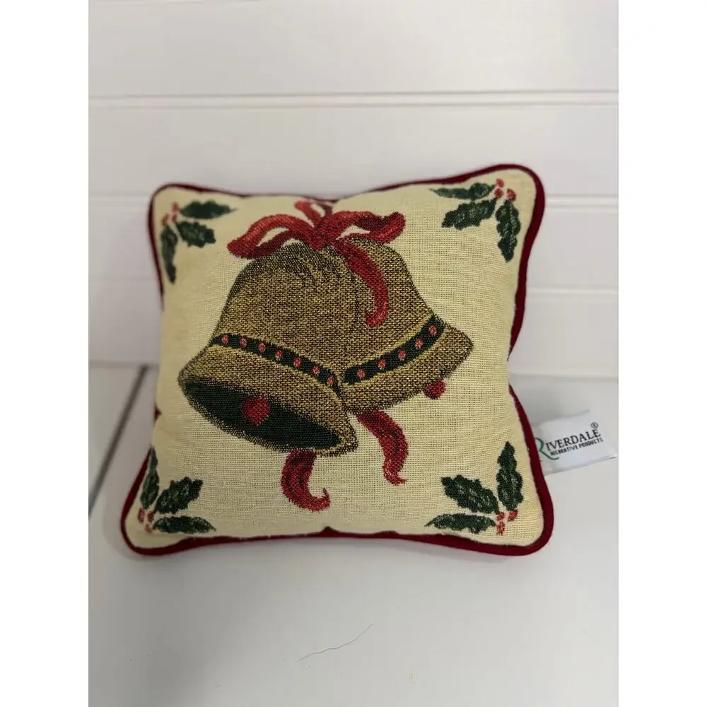 Vintage Riverdale Christmas Tapestry Accent Pillow Golden Holiday Bells & Holly
